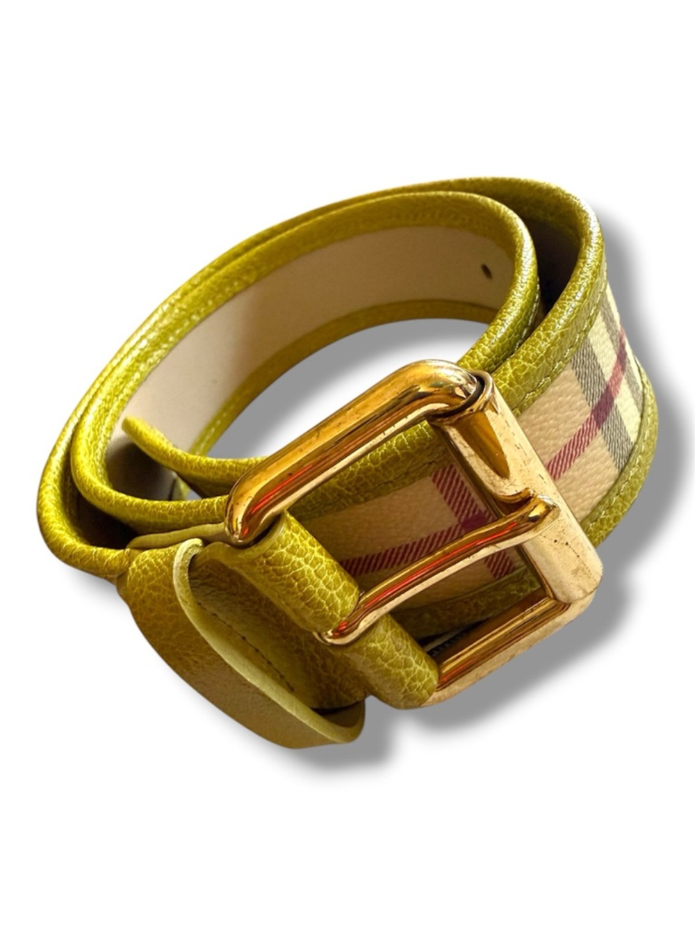 Burberry Green Plaid Leather Belt with Gold Buckle - Small - 30” - NWOT